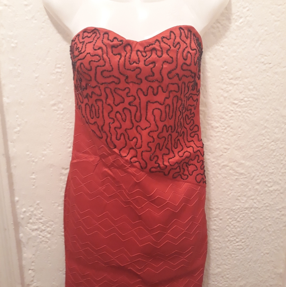 Red beaded and textured cocktail dress